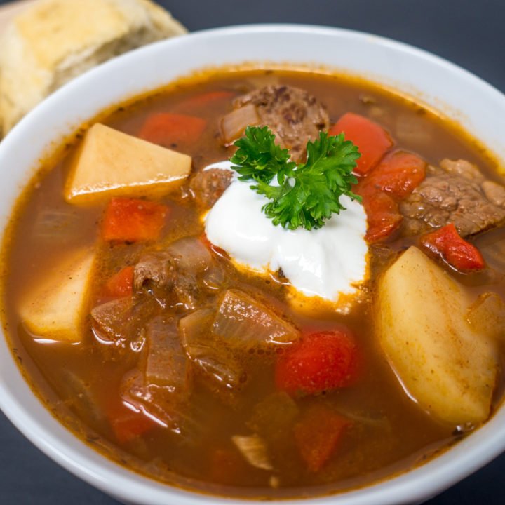 This German goulash recipe is full of hearty vegetables and flavorful beef